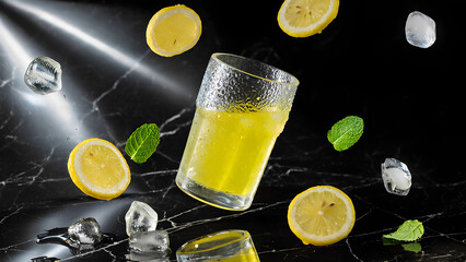 Yellow lemonade in a transparent glass with water droplets on the surface, showing cold condensation.