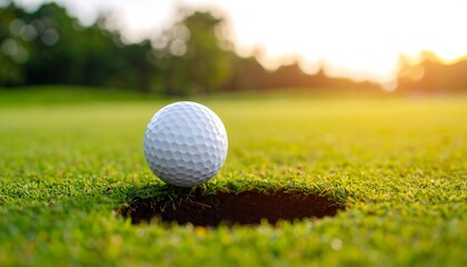 Obraz premium Golf ball in a cup at sunset