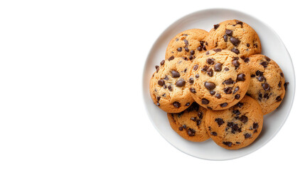 Freshly Baked Cookies on White Plate: A flat lay of freshly baked cookies with chocolate chips, isolated on a Transparent background, PNG file.