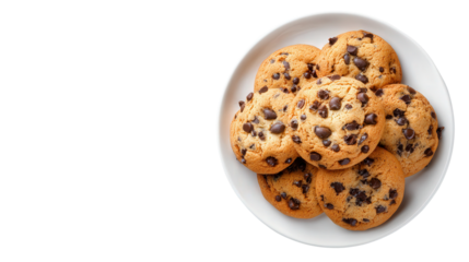 Freshly Baked Cookies on White Plate: A flat lay of freshly baked cookies with chocolate chips, isolated on a Transparent background, PNG file.