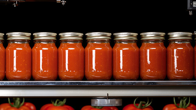 Freshly processed tomato sauce in jars awaits sealing on a blacked out assembly line in a food manufacturing setting. Jars are filled and ready for delivery.