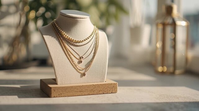 A display bust showcases layered gold necklaces, highlighted by warm natural sunlight on a minimalist indoor setting.