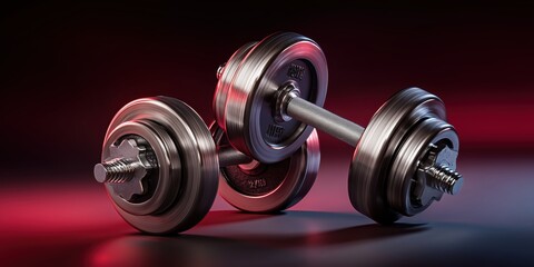 Pair of silver adjustable dumbbells with textured handles resting on a red-lit surface.