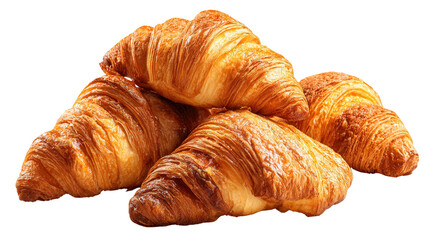 Freshly Baked Croissants: A flat lay of freshly baked croissants with a golden, flaky texture, isolated on a Transparent background, PNG file.