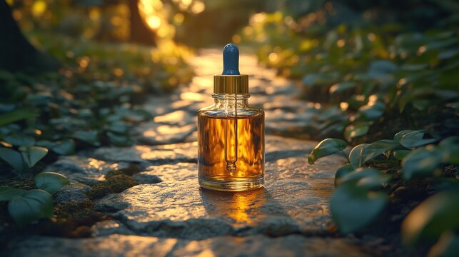 Golden elixir bottle on stone path, bathed in sunlight