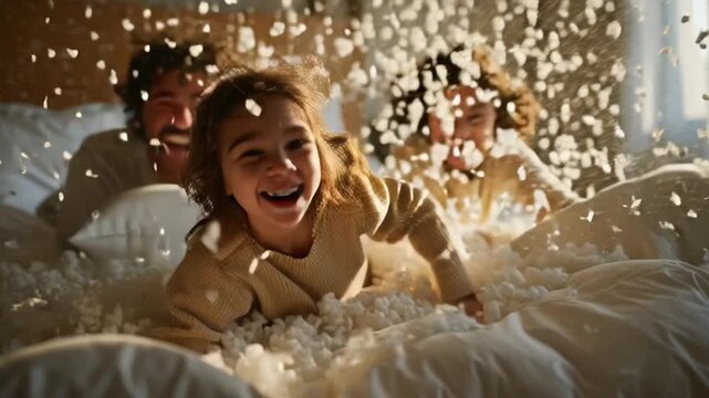 A joyful family enjoys a playful pillow fight, with feathers flying and everyone laughing together on a cozy bed.