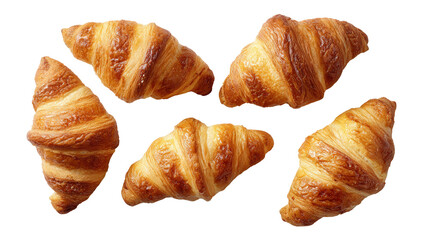 Freshly Baked Croissants: A flat lay of freshly baked croissants with golden-brown crusts, isolated on a Transparent background, PNG file.