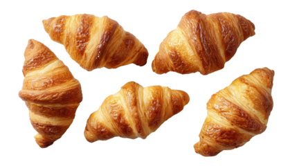 Freshly Baked Croissants: A flat lay of freshly baked croissants with golden-brown crusts, isolated on a Transparent background, PNG file.