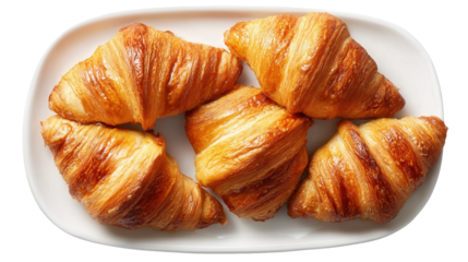 Freshly Baked Croissants on Plate: A flat lay of freshly baked croissants with golden, flaky texture, isolated on a Transparent background, PNG file.
