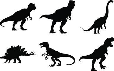 Naklejka premium Dinosaur silhouette vector collection of prehistoric animal profiles including t-rex, velociraptor, stegosaurus, and brachiosaurus