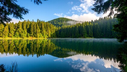 Misty mountain lake sunrise reflection