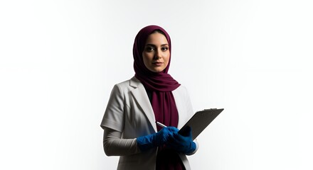 Portrait of a Muslim Female Doctor in a White Coat and Maroon Hijab, Confidently Holding a Clipboard and Pen, Against a White Background