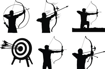 Archery silhouette vector collection of archer with bow and arrow, target, shooting action, isolated on white background