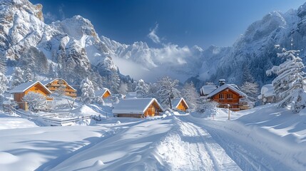 Snowy village nested in mountains. Bright sun, icy landscape, wooden cottages and track in deep snow
