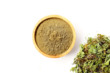 Gotu kola powder (Centella asiatica) in a wooden spoon on white background.