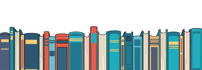 Colorful book spines create decorative border.  Many books standing in a row form beautiful bookshelf border.  Use this colorful book border for website design or book cover.