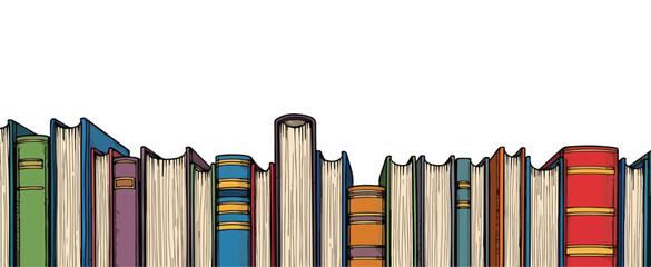 Naklejka premium Colorful book spines form elegant border. Book collection creates decorative border for website design. Stylish book border perfect for reading website or bookstore promotion.