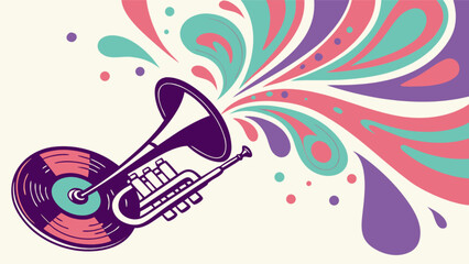 Colorful music illustration trumpet and vinyl record design for jazz and musical themes vector graphic art