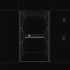 A black and white wireframe drawing of an elevator with the number 6 displayed prominently, featuring clean lines and a stark black background for contrast. © German Ovchinnikov