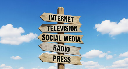 Wooden signpost against blue sky, displaying directions to internet, television, social media, radio and press, symbolizing media choices and communication channels