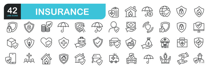 Set of line icons related to insurance, finance,  risk, healthcare. Outline icons collection. Editable stroke. Vector illustration