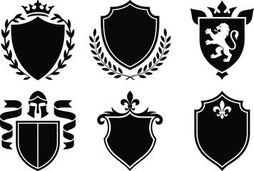 Heraldic shield silhouette vector collection with crown, laurel, lion, knight helmet, and fleur de lis, isolated on white background