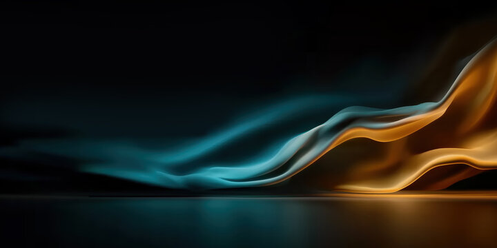 Flowing streaks of golden and teal light on a black background create an abstract luminous motion scene.