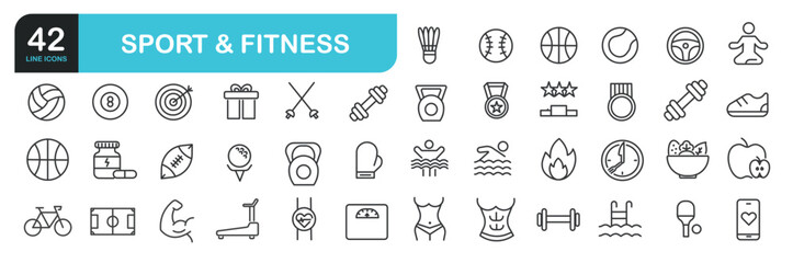Set of line icons related to healthy, lifestyle, sport, fitness, gym, diet, weight. Outline icons collection. Editable stroke. Vector illustration