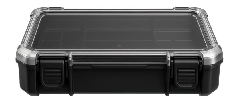Transparent lid tool case for easy content visibility in a professional workshop.