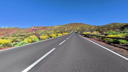 Obraz premium A picturesque, winding road leads through vibrant landscapes filled with blooming flowers under clear blue skies