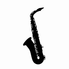 Silhouette of a Saxophone – High-Contrast Black Jazz Instrument Shape on Plain White Background
