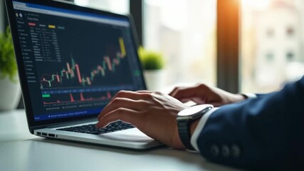 Businessman using laptop and analyzing economic growth, financial graph and business investment. planning strategy, stock market statistics, stock market trends, technical analysis. - Powered by Adobe