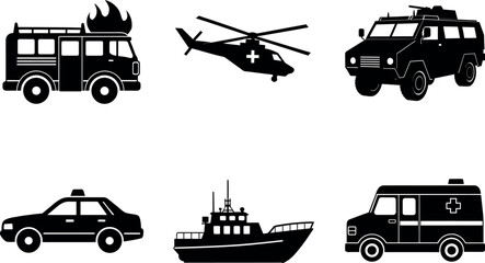 Emergency vehicles police ambulance fire rescue coast guard silhouette vector collection