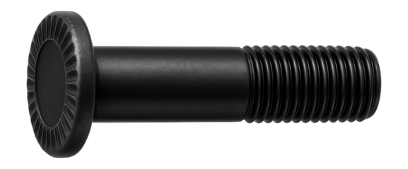 Black oxide-coated flange bolt with a serrated surface for secure fastening in machinery.