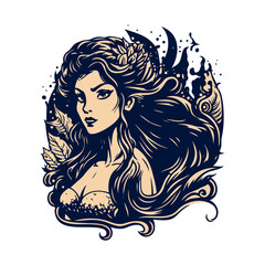 Elegant woman with long flowing hair, featuring leaves and dark elements, designed for stylish graphics and artistic projects.