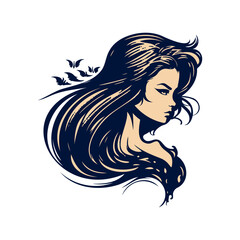 Striking woman with flowing hair and subtle butterflies design, perfect for beauty related projects or mystical themed decorations.