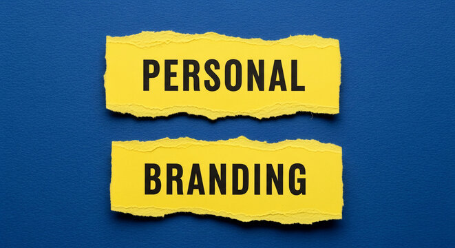 Two torn yellow paper pieces on blue background, showcasing text "PERSONAL" and "BRANDING", representing concept of self-promotion and identity