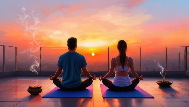 A couple, caucasian man and woman, in yoga poses, sitting on mats facing a vibrant sunset on a rooftop or open terrace, with incense smoke rising, symbolizing peace, mindfulness,