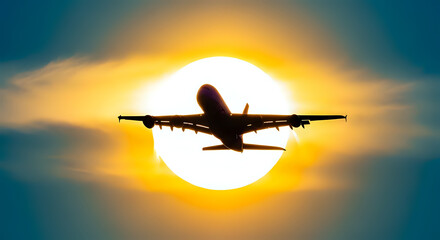 Silhouette of airplane taking off soaring against vibrant sunset a symbol of travel freedom and adventure perfect for travel or business promotion