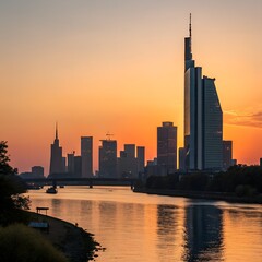 City skyline at sunset with modern skyscrapers reflecting in the river. The scene captures a tranquil urban landscape with vibrant colors in the sky.