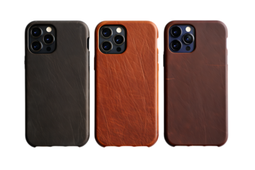 Three leather phone cases in different colors isolated on transparent background