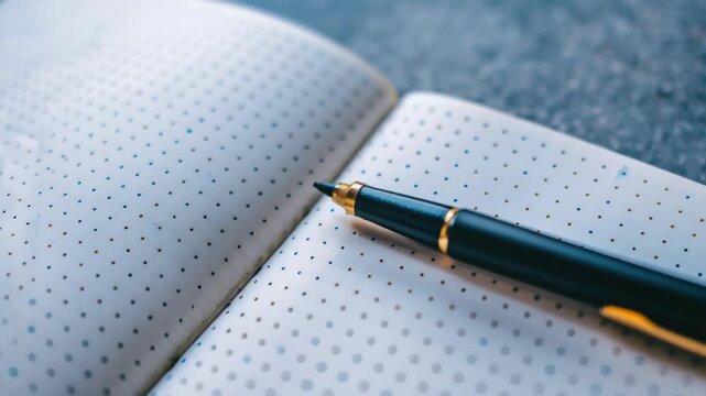 A top view of an open journal with a pen on its pages, symbolizing reflection and planning.