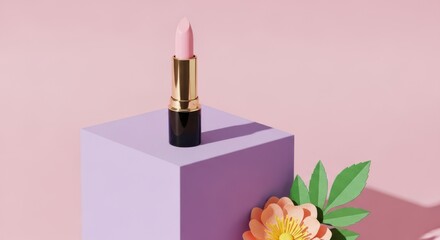 A pink lipstick rests on a purple cube, adorned with a delicate paper flower and leaves