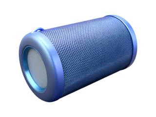 Blue portable Bluetooth speaker isolated on black background cylindrical design modern technology music audio device