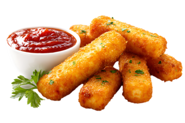 On transparent background golden fried mozzarella cheese sticks are served with a side of ketchup and garnished