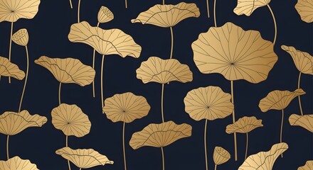 Seamless Pattern with Golden Lotus Leaves on Navy Blue Background.