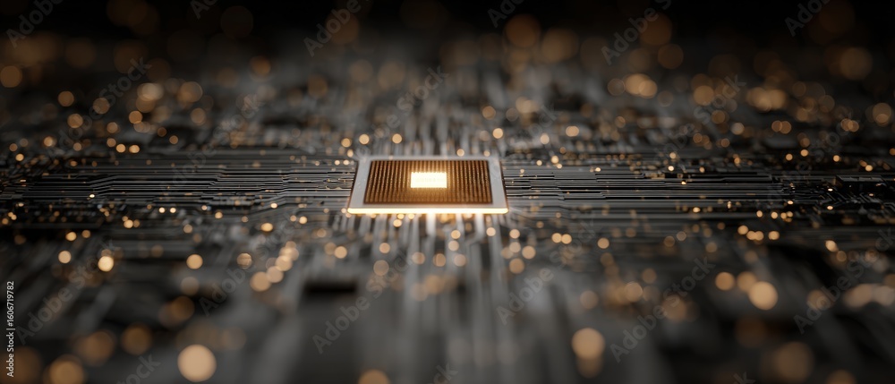 Poster abstract close up of glowing ai chip surrounded by intricate microcircuits on dark tech surface, ide