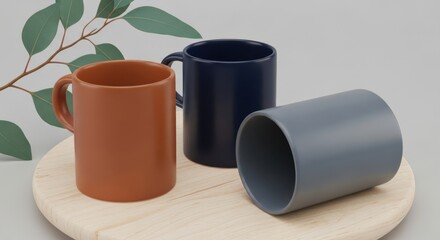Three ceramic mugs in different colors are arranged on a wooden board with a plant branch