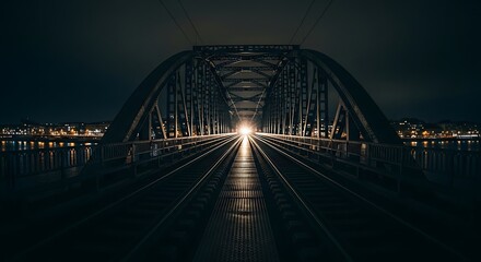 Obraz premium Steel arch bridge at night with railway tracks.