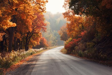Fototapeta premium Vibrant rural road flanked by autumn foliage in warm red and orange tones under soft afternoon sunlight, perfect for eco-tourism campaigns, seasonal travel themes, and editorial nature storytelling